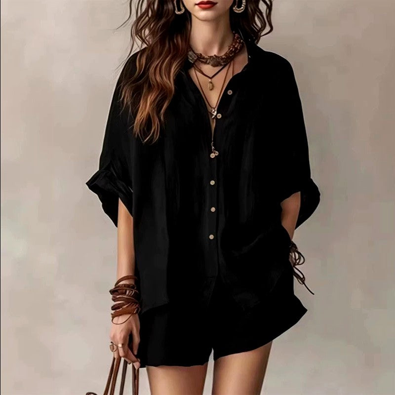Jora - Women's Linen V-Neck Oversized Matching Set