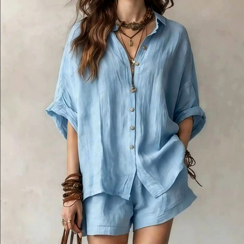 Jora - Women's Linen V-Neck Oversized Matching Set