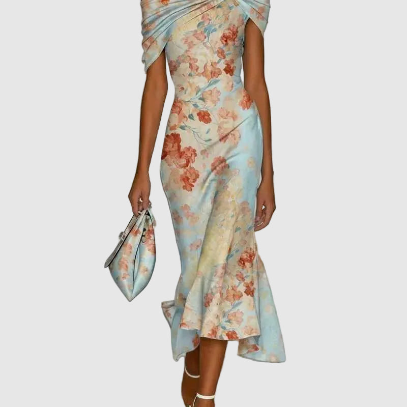 Josephine - Women’s Floral Off-Shoulder Satin Midi Dress