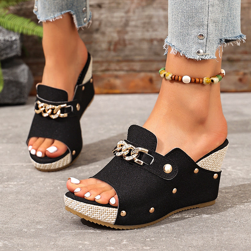 Josie - Women’s Chain Accent Wedge Slide Sandals