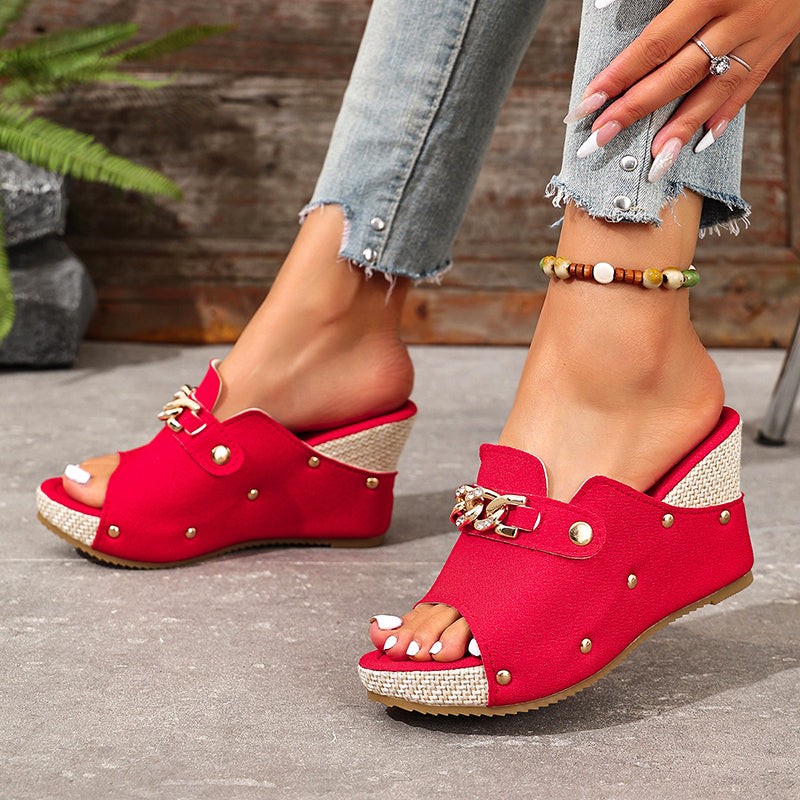 Josie - Women’s Chain Accent Wedge Slide Sandals