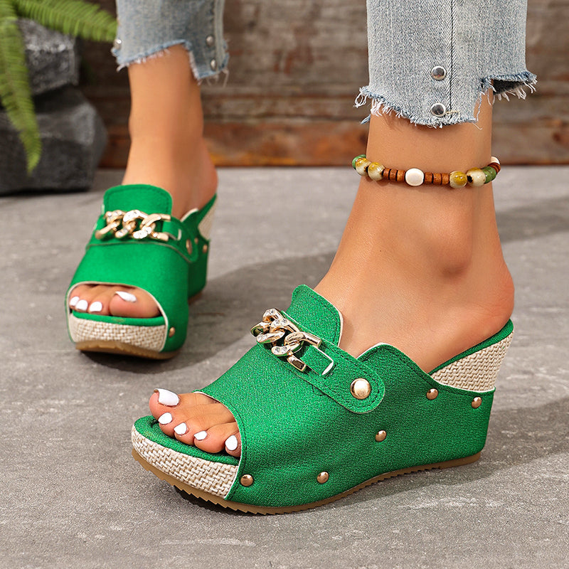 Josie - Women’s Chain Accent Wedge Slide Sandals