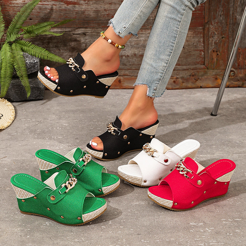 Josie - Women’s Chain Accent Wedge Slide Sandals