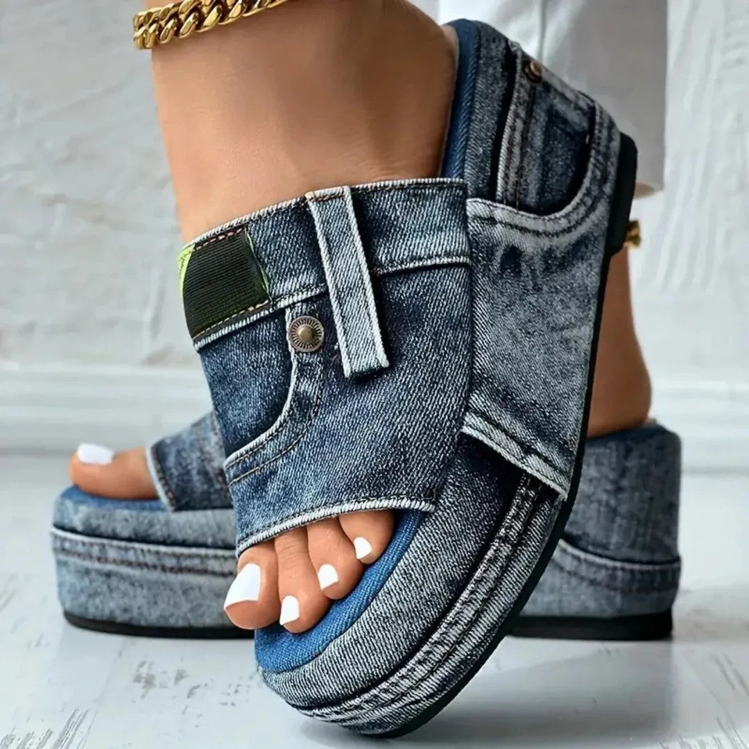 Julia - Women's Denim Pocket Platform Slides Sandals