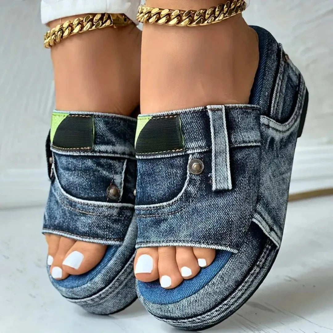 Julia - Women's Denim Pocket Platform Slides Sandals