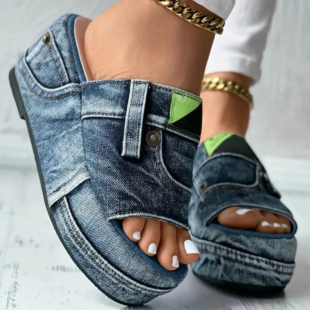 Julia - Women's Denim Pocket Platform Slides Sandals