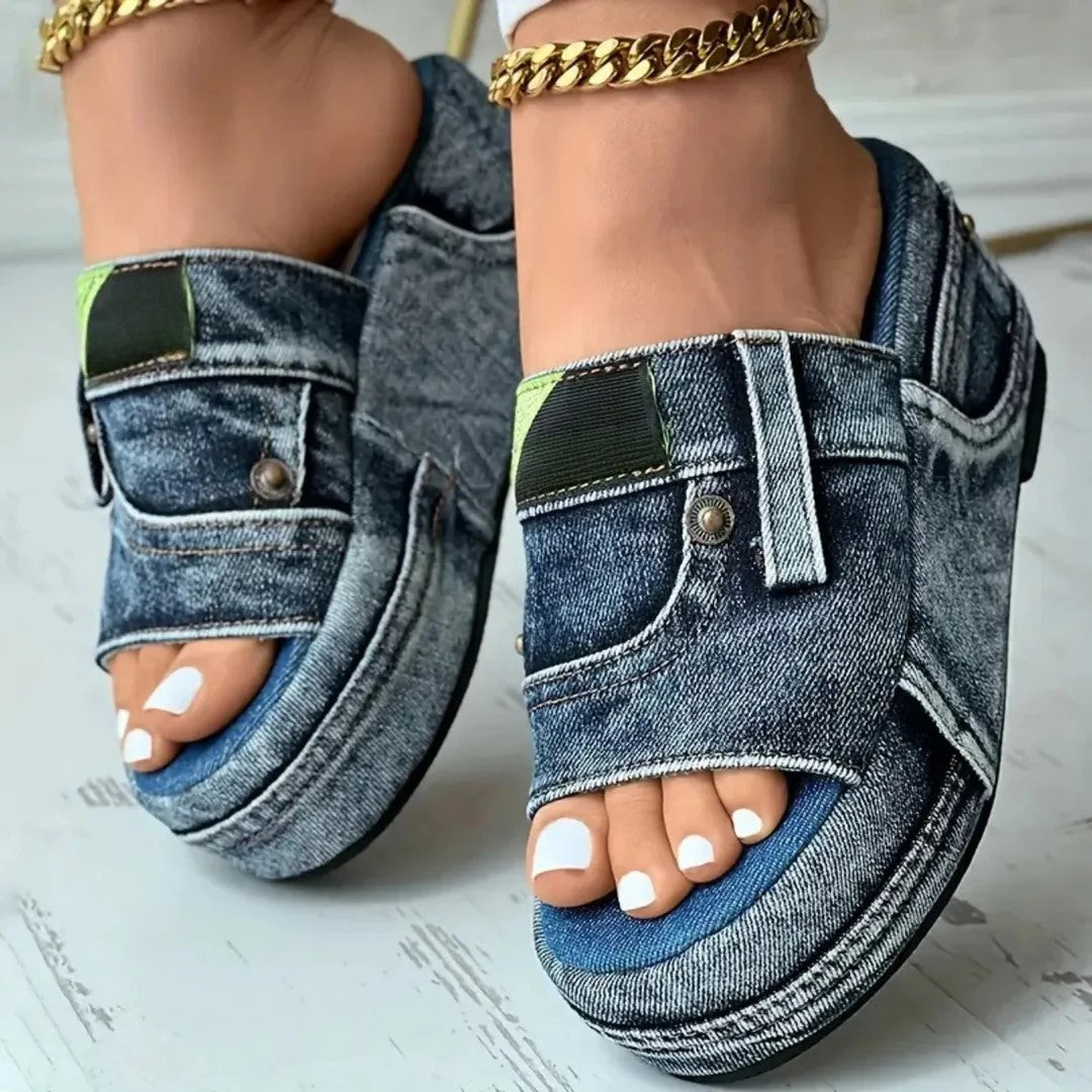 Julia - Women's Denim Pocket Platform Slides Sandals