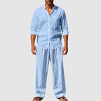 Julian - Men's Band Collar Linen Matching Two-Piece Set