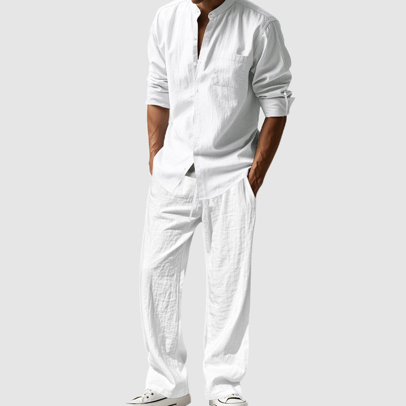 Julian - Men's Band Collar Linen Matching Two-Piece Set