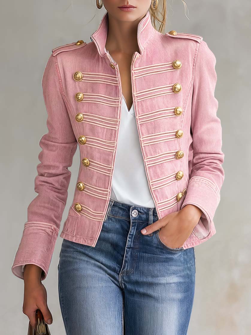Kassidy - Women's Gold-Button Band Jacket in Washed Pink Denim