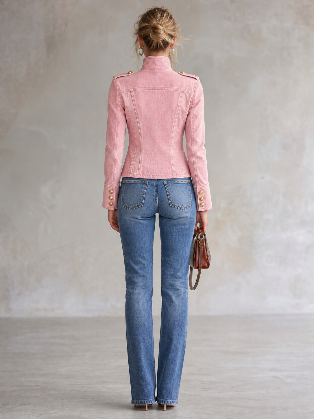 Kassidy - Women's Gold-Button Band Jacket in Washed Pink Denim