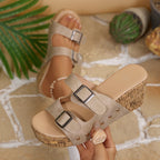 Kelly - Women’s Studded Double-Buckle Cork Wedge Sandals