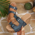 Kelly - Women’s Studded Double-Buckle Cork Wedge Sandals