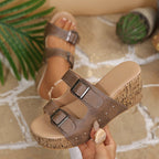 Kelly - Women’s Studded Double-Buckle Cork Wedge Sandals