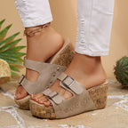 Kelly - Women’s Studded Double-Buckle Cork Wedge Sandals