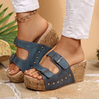 Kelly - Women’s Studded Double-Buckle Cork Wedge Sandals