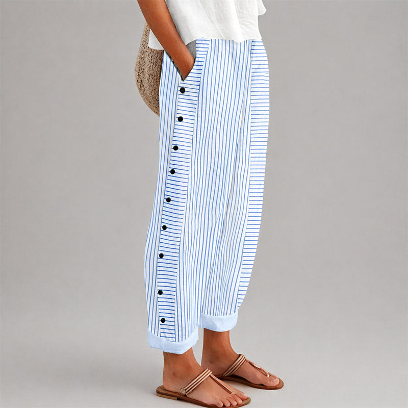 Kendall - Women's Striped Button Detail Cropped Pants