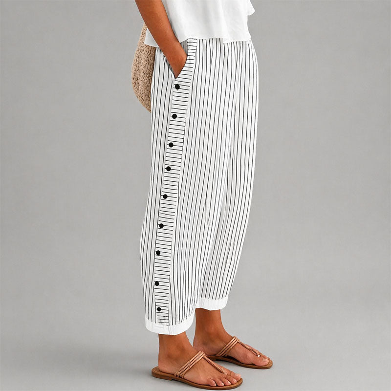 Kendall - Women's Striped Button Detail Cropped Pants