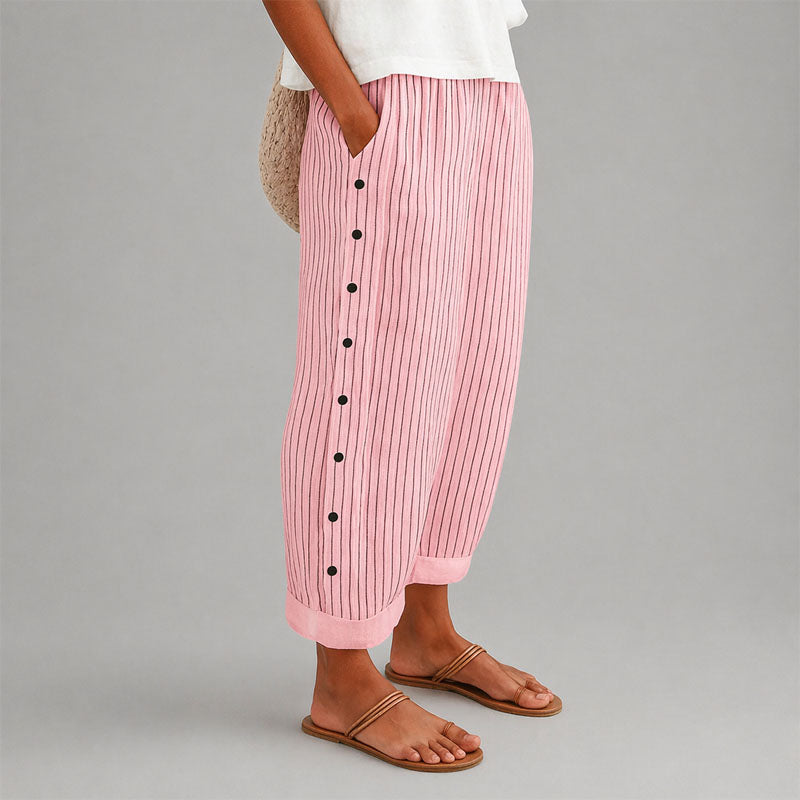 Kendall - Women's Striped Button Detail Cropped Pants