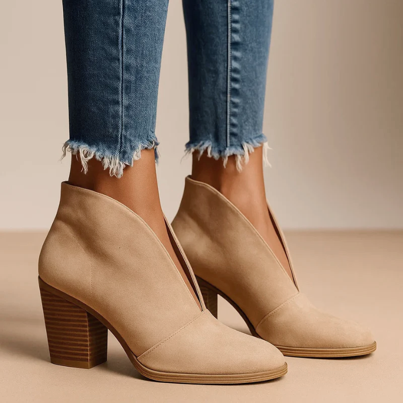 Kendra - Women's Deep V-Cut Chunky Heel Ankle Boots