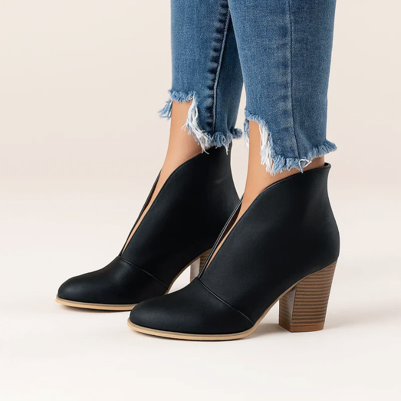 Kendra - Women's Deep V-Cut Chunky Heel Ankle Boots