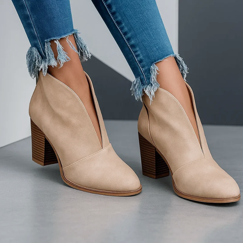 Kendra - Women's Deep V-Cut Chunky Heel Ankle Boots