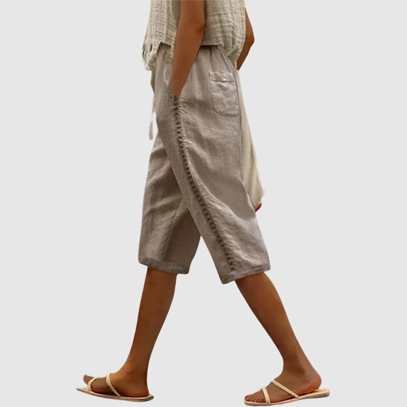 Kimberly - Women's Lace Trim Drawstring Linen Shorts