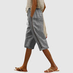 Kimberly - Women's Lace Trim Drawstring Linen Shorts