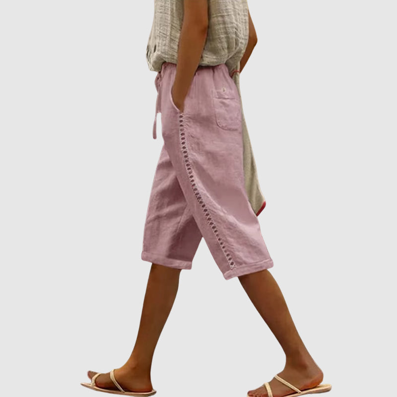 Kimberly - Women's Lace Trim Drawstring Linen Shorts