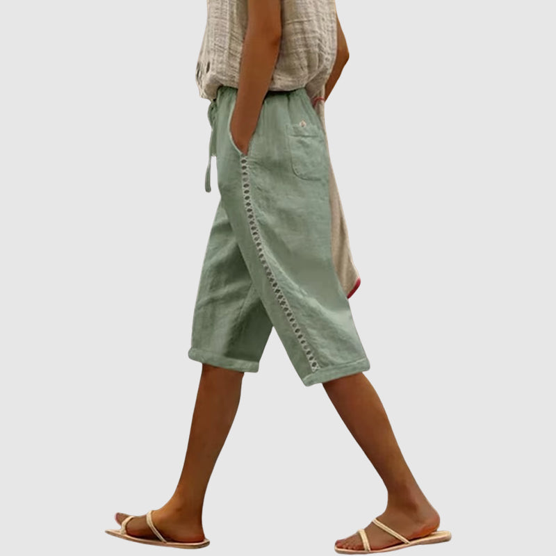 Kimberly - Women's Lace Trim Drawstring Linen Shorts