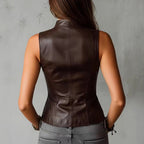 Kinslee - Women's Faux Leather Button-Front Corset Vest