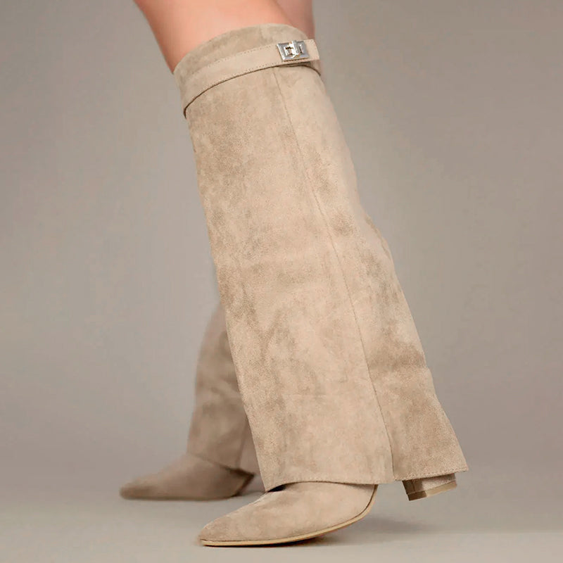 Kylee - Women's Knee-High Suede Boots with Fold-Over Cuff