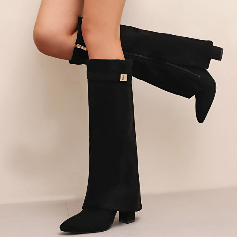 Kylee - Women's Knee-High Suede Boots with Fold-Over Cuff