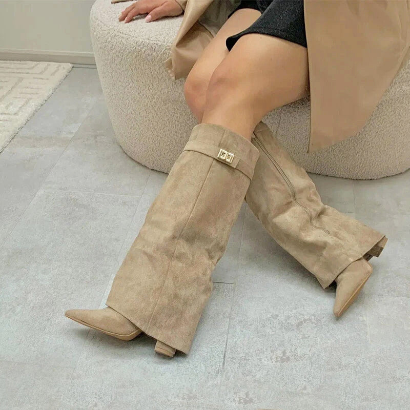 Kylee - Women's Knee-High Suede Boots with Fold-Over Cuff