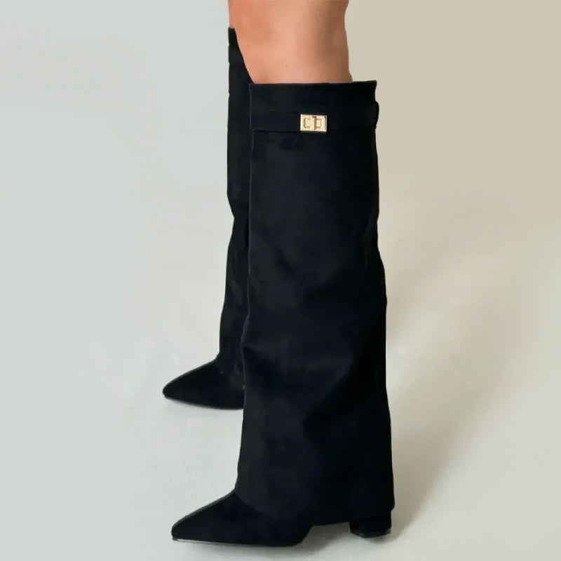 Kylee - Women's Knee-High Suede Boots with Fold-Over Cuff