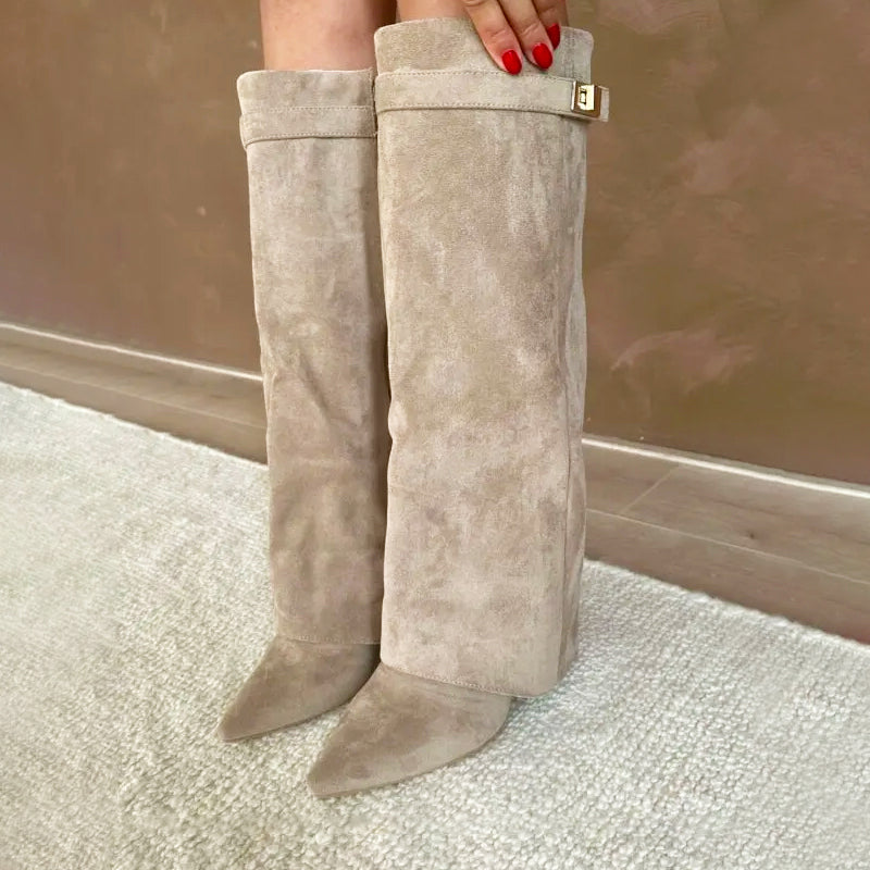 Kylee - Women's Knee-High Suede Boots with Fold-Over Cuff
