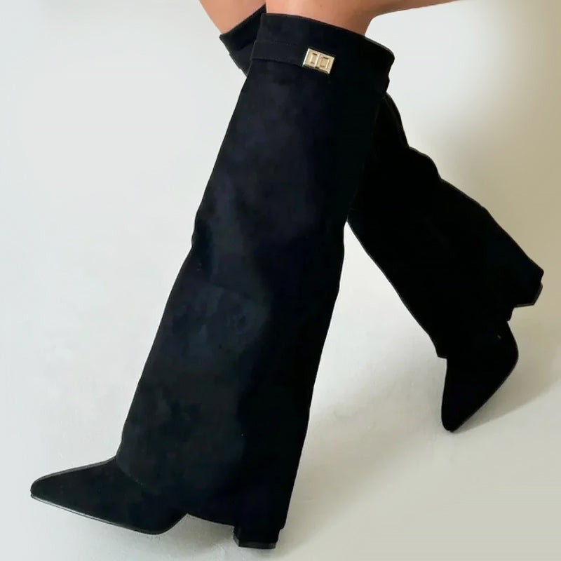 Kylee - Women's Knee-High Suede Boots with Fold-Over Cuff