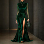 Lauren - Women's Velvet Turtleneck High-Slit Mermaid Chic Evening Dress