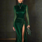 Lauren - Women's Velvet Turtleneck High-Slit Mermaid Chic Evening Dress