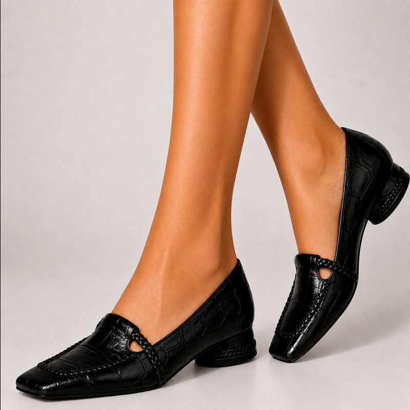 Lavinia - Women's Leather Crocodile Embossed Low Heel Loafers