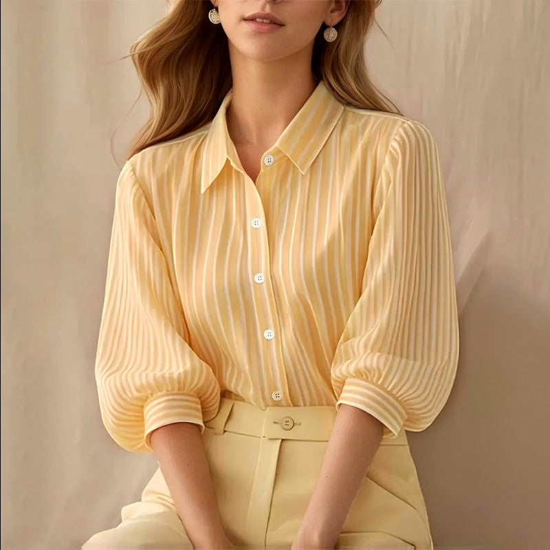 Leah - Women’s Striped Button-Up Puff Sleeve Blouse