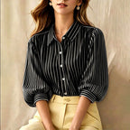 Leah - Women’s Striped Button-Up Puff Sleeve Blouse
