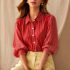 Leah - Women’s Striped Button-Up Puff Sleeve Blouse