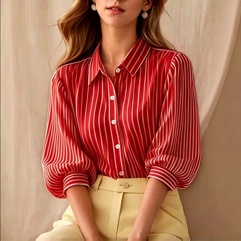 Leah - Women’s Striped Button-Up Puff Sleeve Blouse