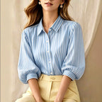 Leah - Women’s Striped Button-Up Puff Sleeve Blouse