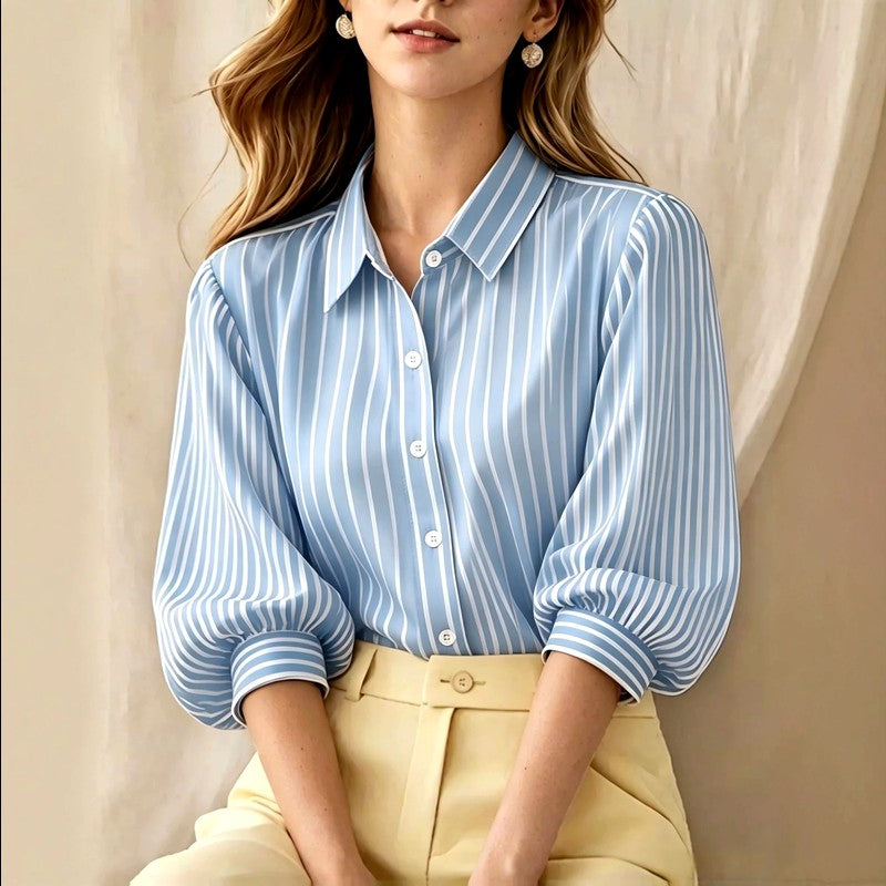 Leah - Women’s Striped Button-Up Puff Sleeve Blouse