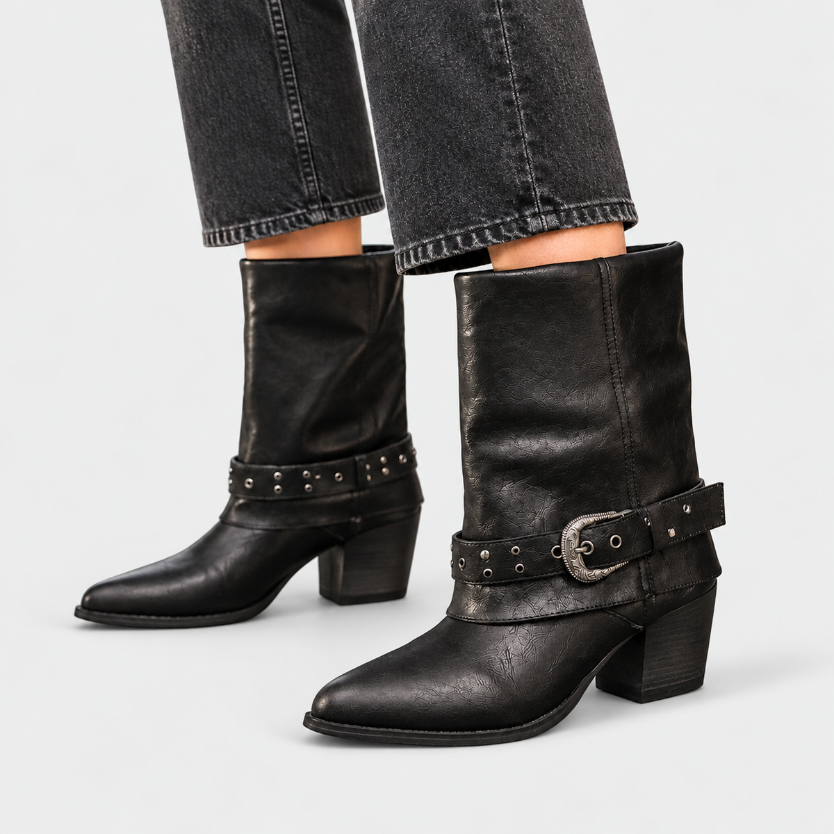 Lennie - Women's Buckle-Strap Block Heel Boots