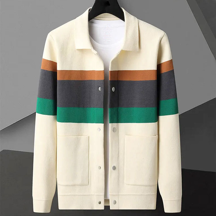 Leroy - Men's Striped Chest Knit Cardigan with Pointed Collar