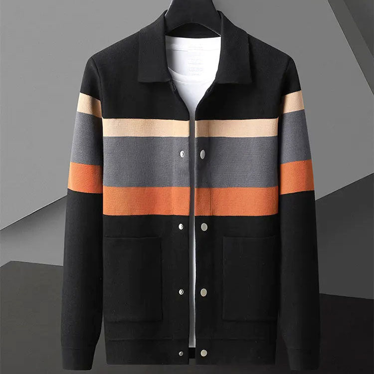Leroy - Men's Striped Chest Knit Cardigan with Pointed Collar