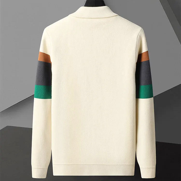 Leroy - Men's Striped Chest Knit Cardigan with Pointed Collar